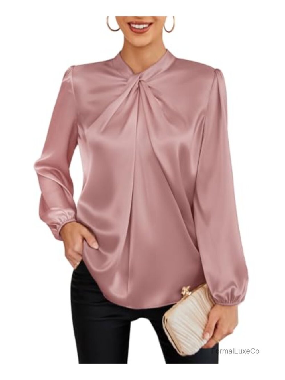 Business Casual Satin Blouse Long Sleeve Mock Neck Pullover Top